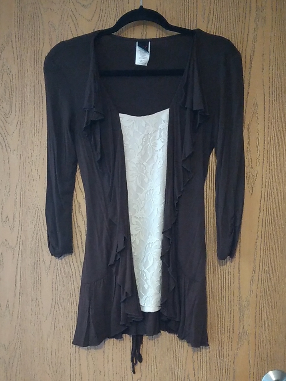 Wrapper Brown Ruffle-Trim Open Cardigan with White Lace Inset